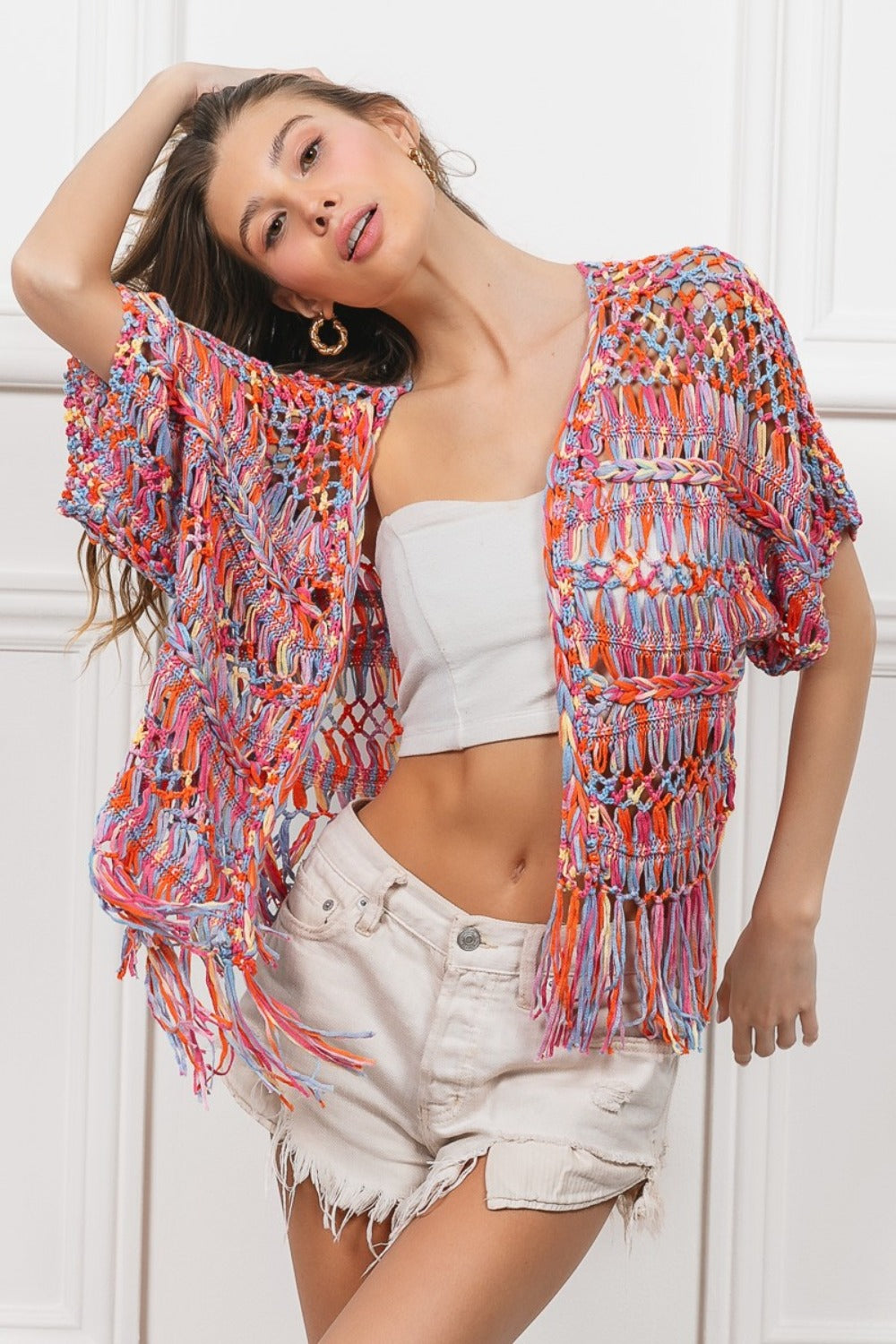 Maxct &BiBi Open Front Fringed Crop Knit Cardigan