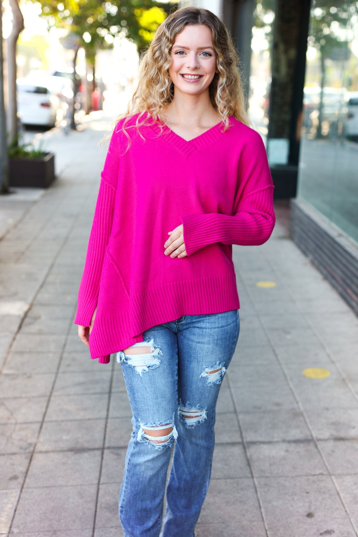 Maxct &Be Bold Magenta Oversized V Neck Rib Knit Sweater
