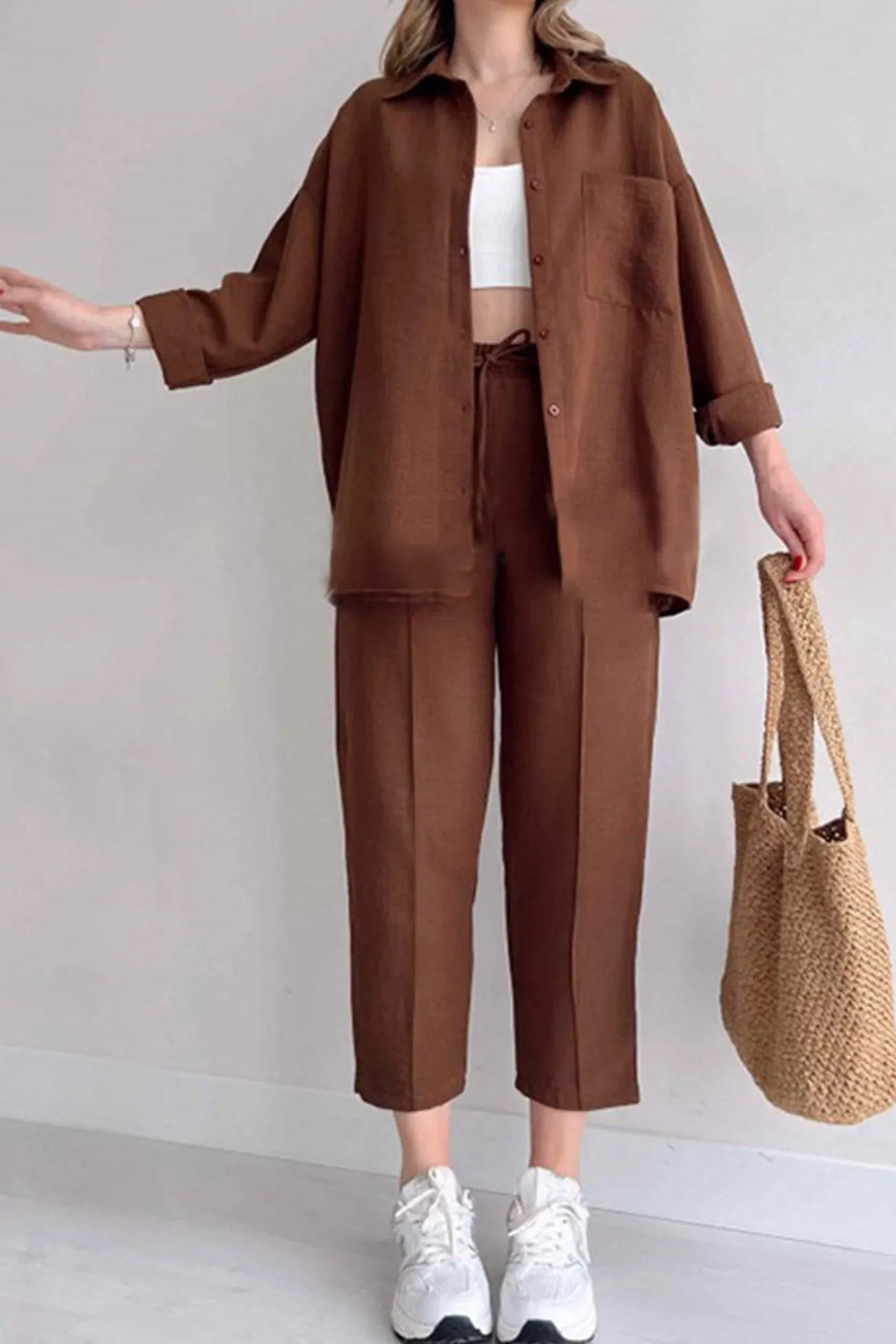 Maxct Long Sleeve Solid Color Shirt Long Pants Set - Image 20