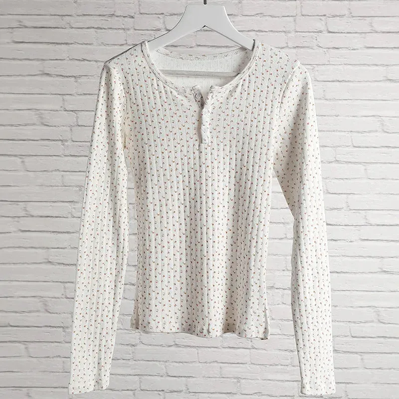 Maxct Chic Women Sweet Floral Hollow Out T-shirt Ribbed Cotton Long Sleeve Basic Tees Autumn Button Up Slim Fit Crop Top Clothes