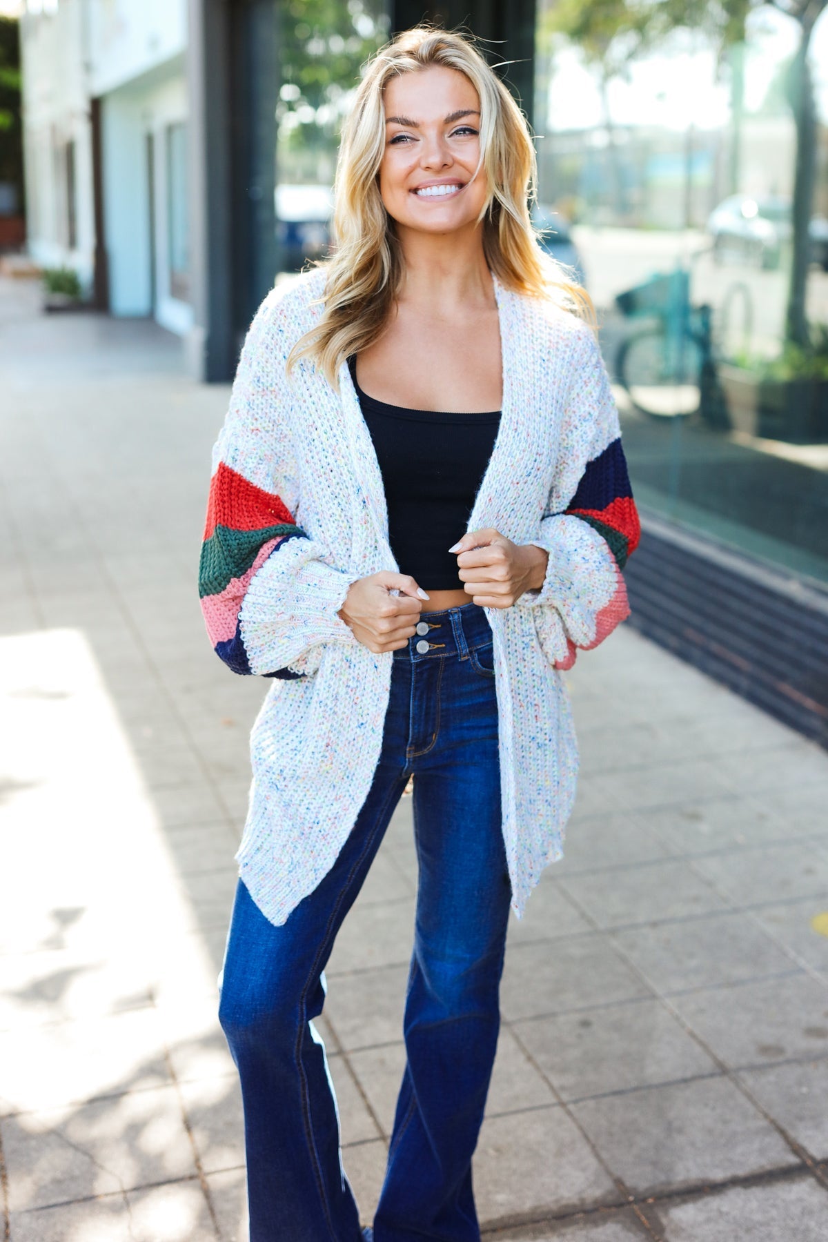 Maxct &Weekend Ready Ivory Multicolor Mixed Thread Bubble Sleeve Cardigan
