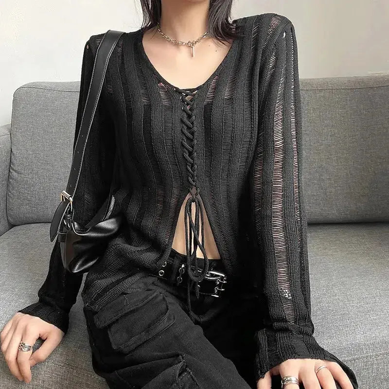 Maxct &Y2K Grunge Sheer Lace Up Knitted Top