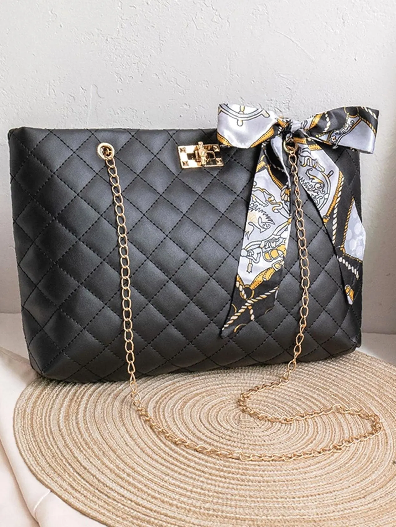 Maxct - Twilly Scarf Decor Quilted Shoulder Tote Bag  - Women Tote Bags