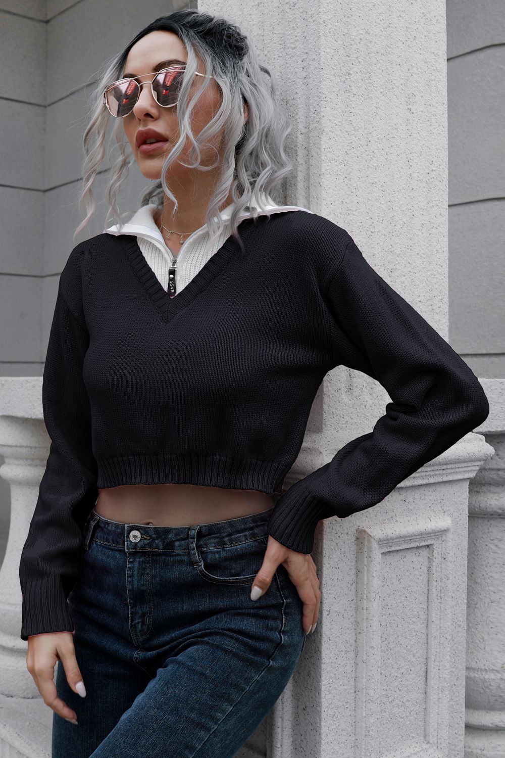 Maxct &Contrast Collared Cropped Sweater