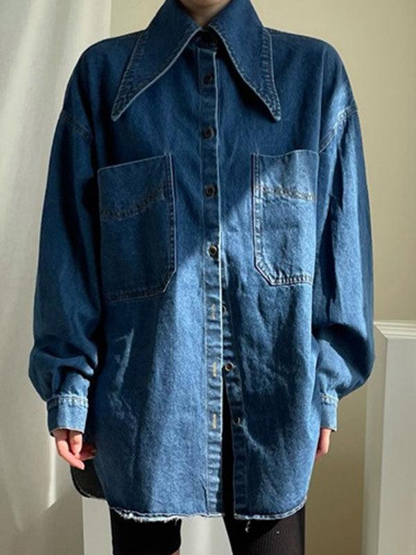 Maxct Vintage Large Collar Single Breasted Loose Denim Shirt