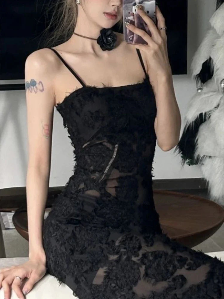 Voguable Black Party Midi Dress See-through Strap Y2k Dress FeLace Chic Korean Slim Vintage Dress New Maxct