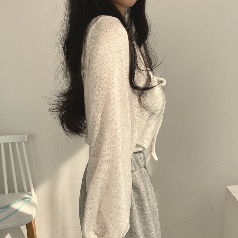 Thin White Cardigan Bandage Lantern Sleeve Short Coat Pull Femme Knitwear Top Girl Cardigan Korean Style Casual T Shirt