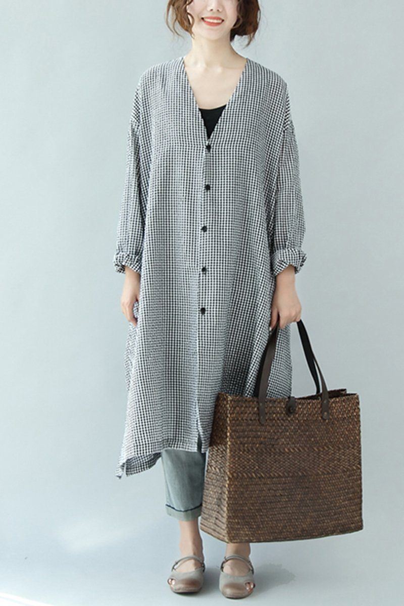 Spring Linen Plaid Casual Loose Long Shirt Dress For Women