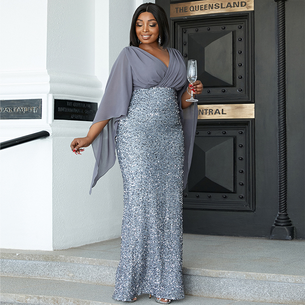 Maxct Plus Size Elegant Sexy Long Sequined V-neck Long Sleeve Banquet Evening Dress Bridesmaid Dress Dress Women