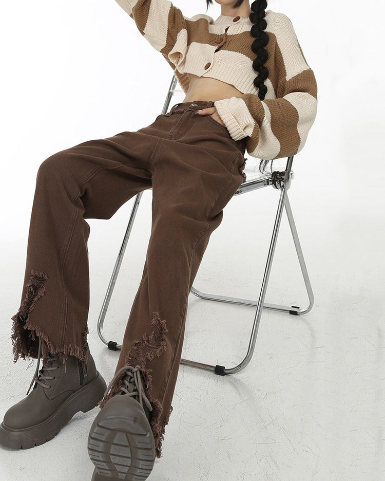 Brown Straight Leg Distressed Jeans Maxct