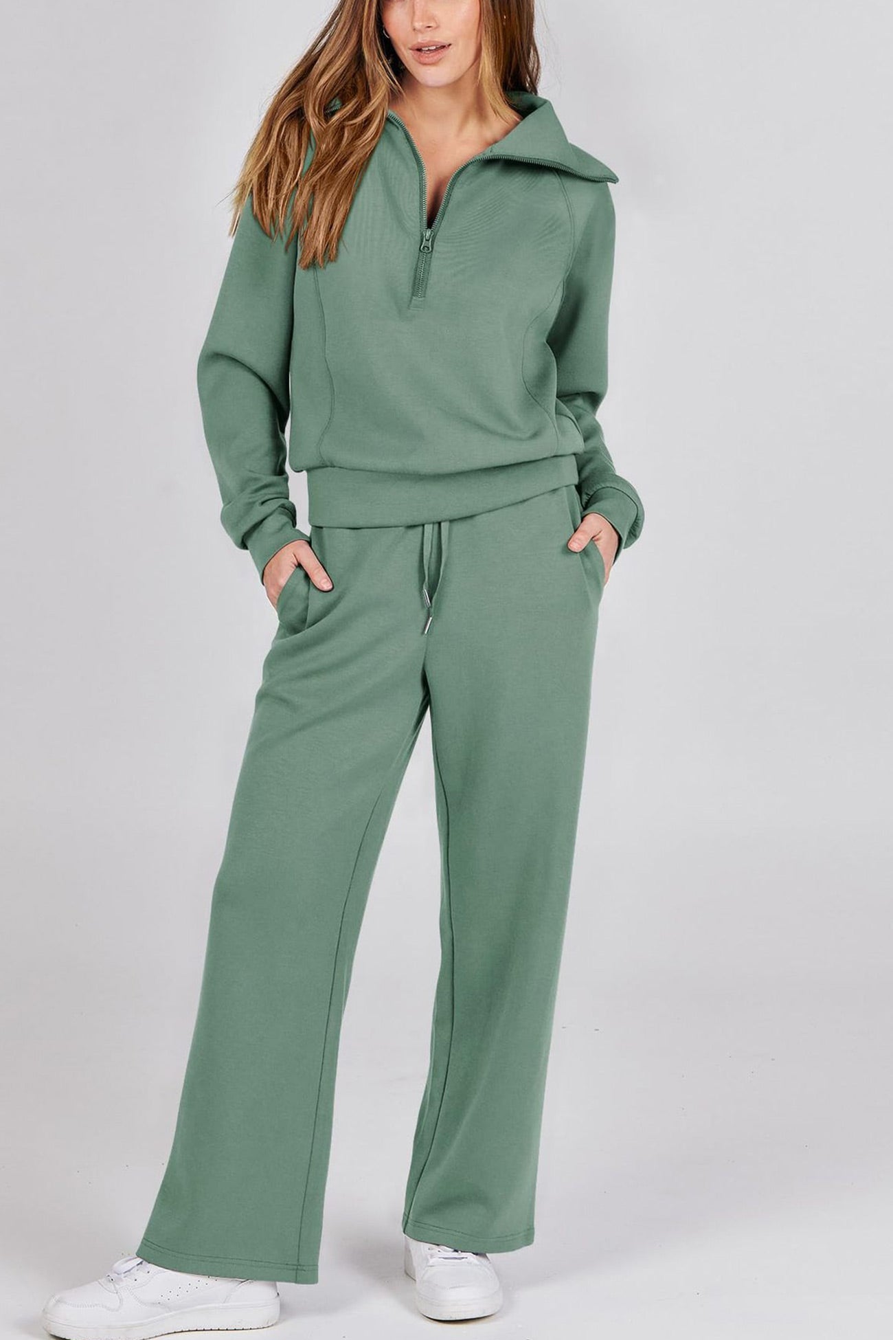 Maxct Lapel Zip-up Sweatshirt Wide Leg Long Pants Set