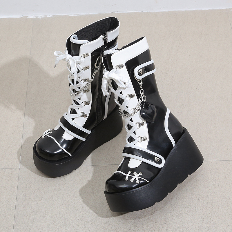 Platform Wedge Women's Boots Black and White Punk Gothic Style - true deals club