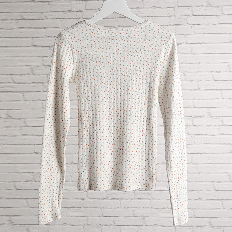 Chic Women Sweet Floral Hollow Out T-shirt Ribbed Cotton Long Sleeve Basic Tees Autumn Button Up Slim Fit Crop Top Clothes