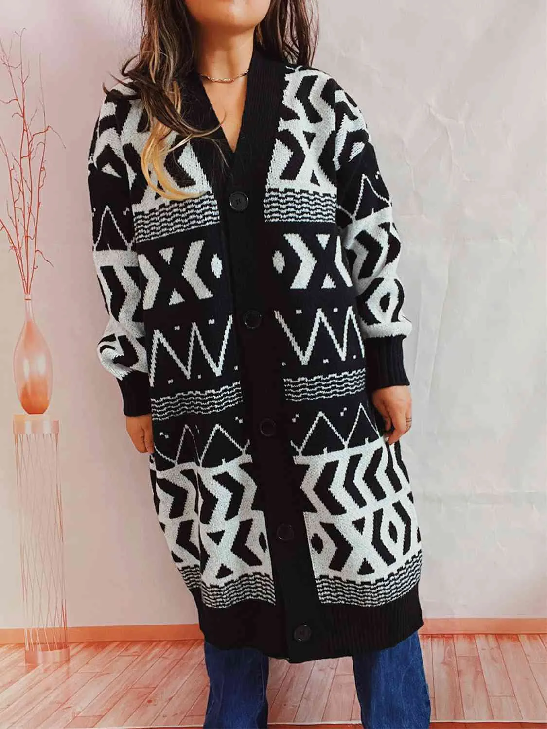 Maxct &Geometric Button Front Longline Cardigan