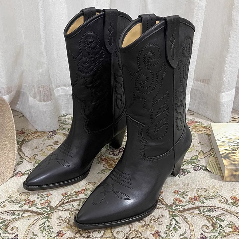 Womens Embroidered Western Boots Block Heel Short Boots All Genuine Leather Maxct