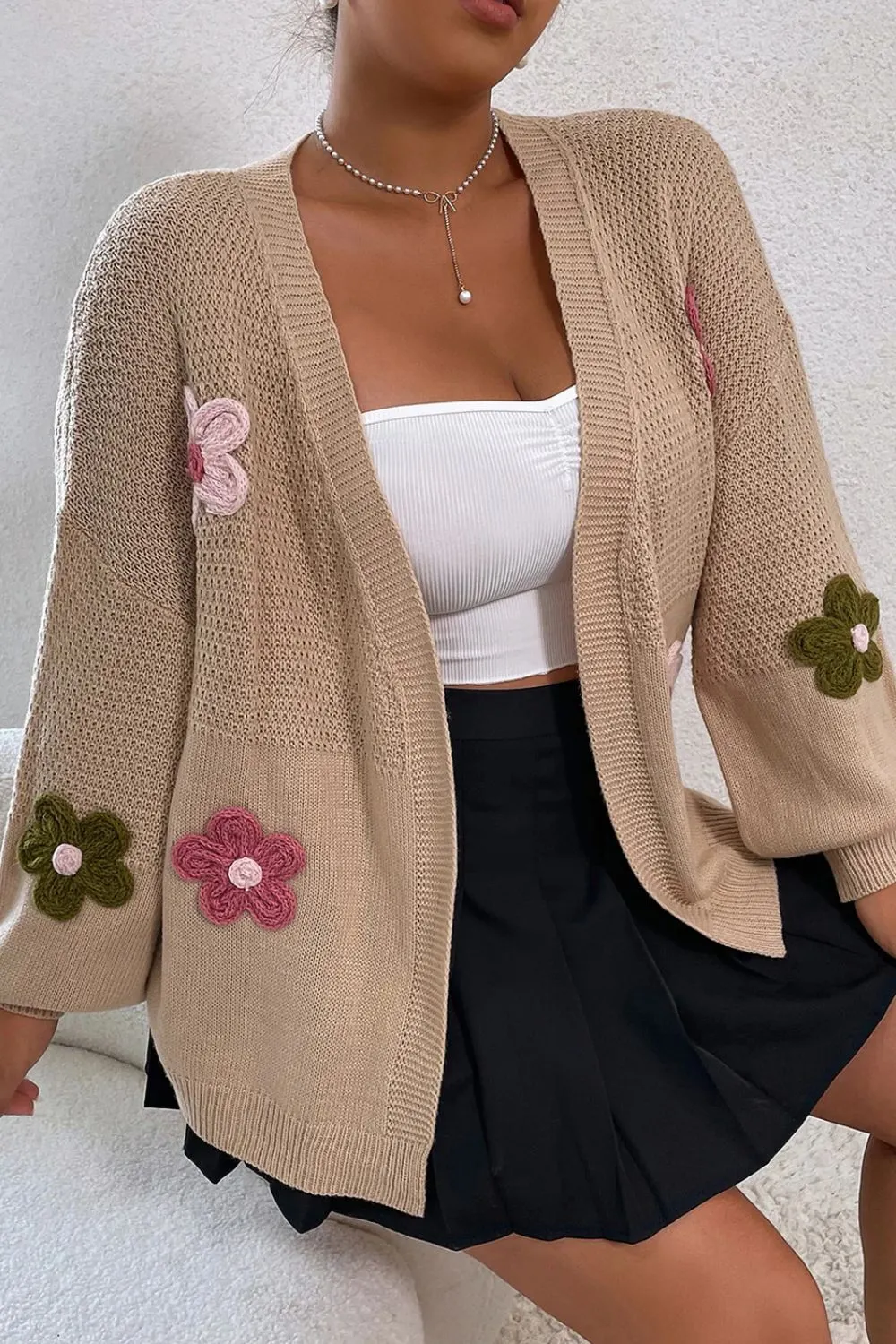 Maxct &Floral Applique Drop Shoulder Open Front Cardigan