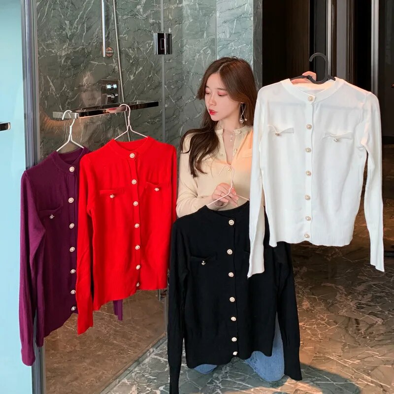 Maxct Women O-Neck Knitted Full Sleeve Cropped Buttons Slim Sweaters Cardigans Lady Single-breasted Sweater Crop Tops for Female