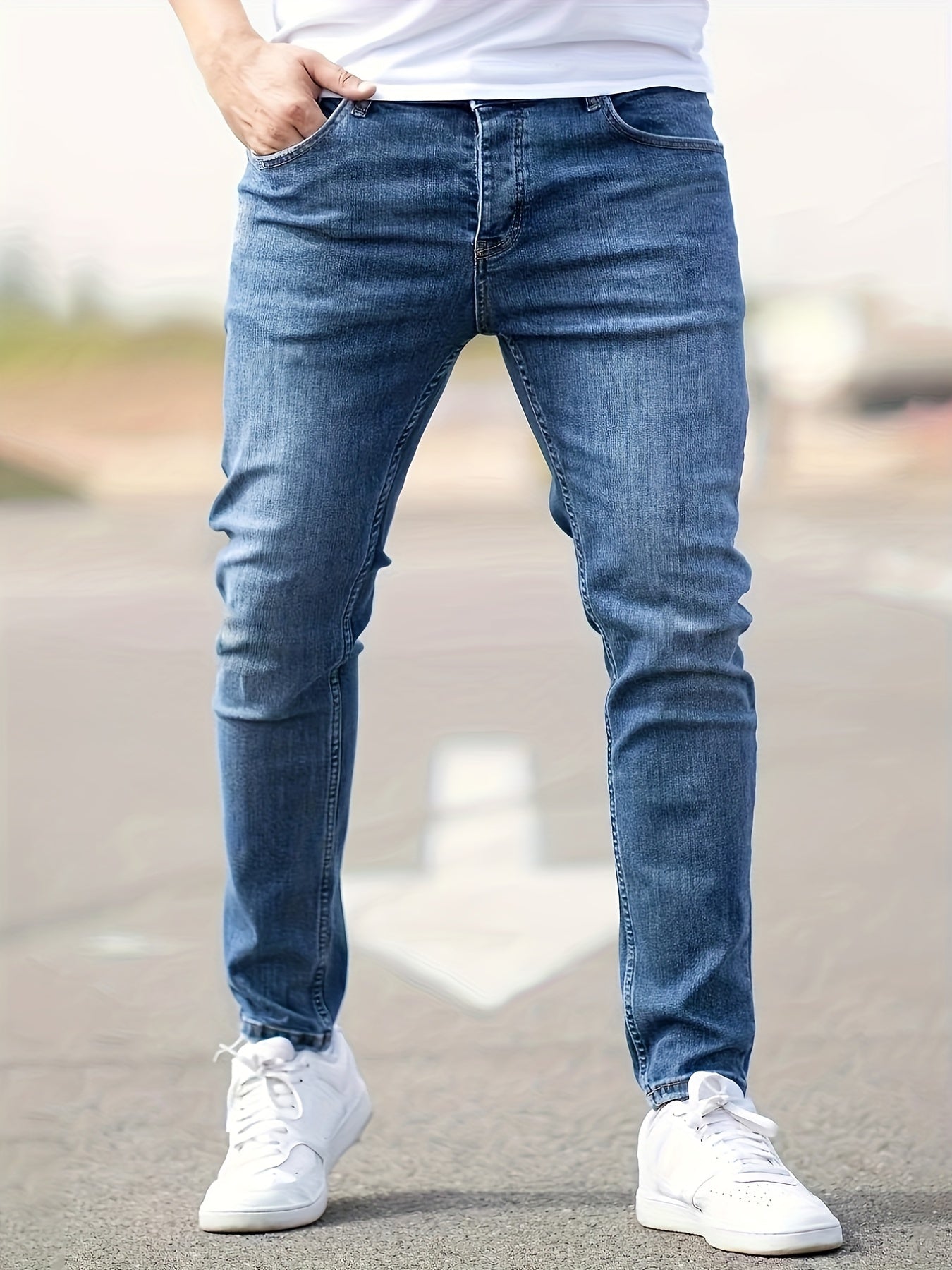 Maxct  Light Wash Cotton Slim Fit Jeans, Men's Casual Street Style Mid Stretch Denim Pants For Spring Summer
