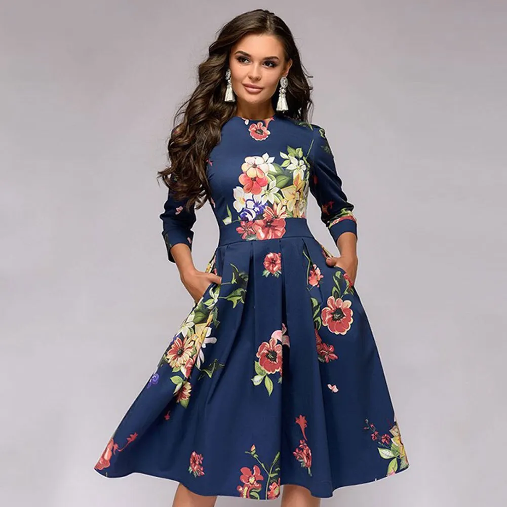pleated tunic print dress women Elegant ladies A line dresses Long sleeve female autumn mixi party dress vestidos