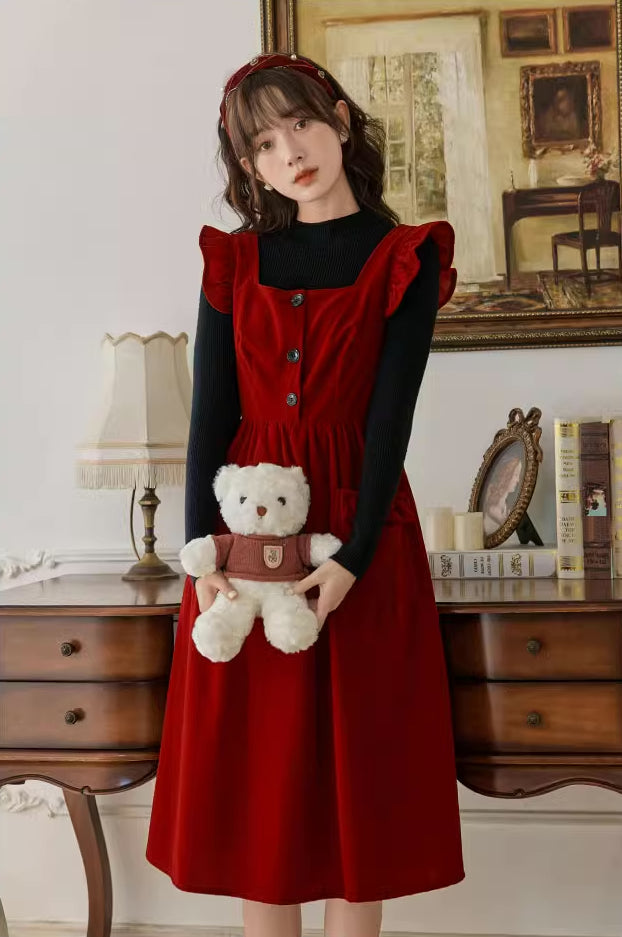 Velvet Frilly Bow Pinafore Dress Maxct