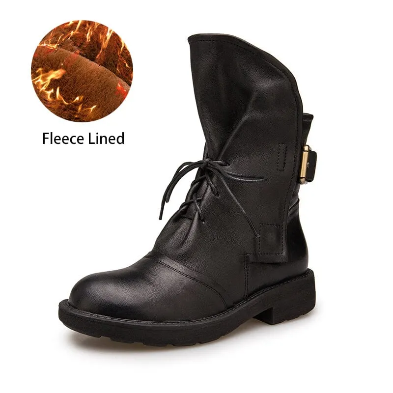 Womens Retro Sheepskin Short Boots for Winter Lace Up Buckles Boots Coffee/Black Maxct