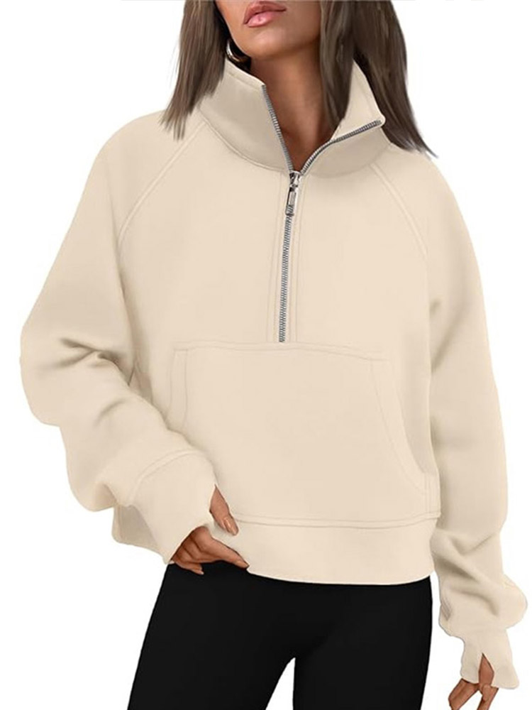 Maxct Casual Half Zipper Plush Hoodies Women Loose Solid Lapel Pockets Sweat Shirt Female Autumn Chic Warm Sports Yoga Outwear