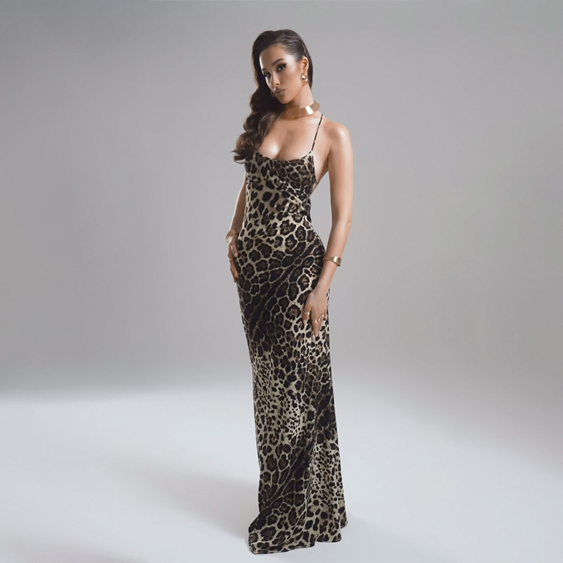 Maxct Summer 2024 New Slim Strap Dress Style Sexy Leopard Print Backless Strap Dress