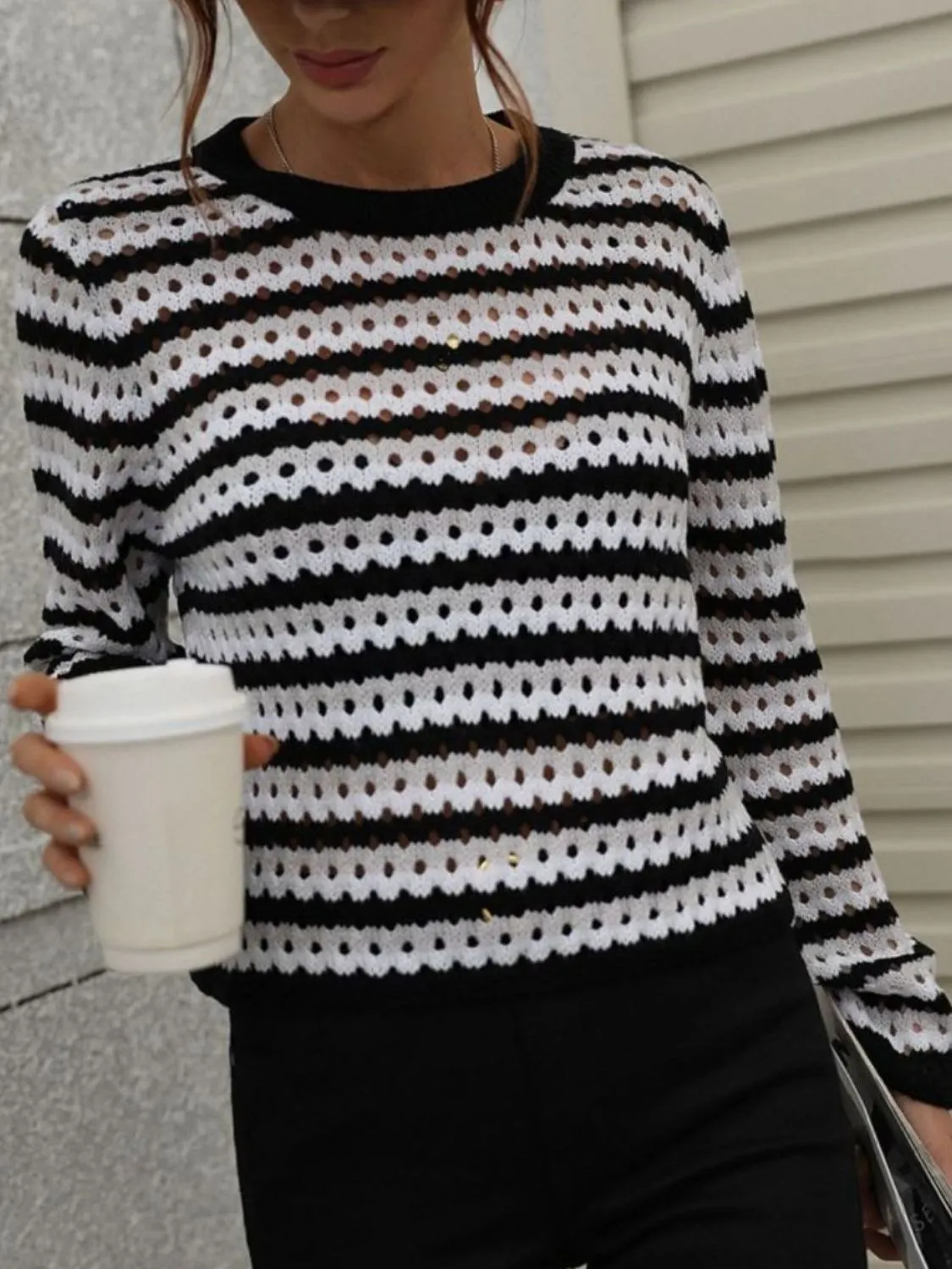 Maxct &Striped Openwork Long-Sleeve Knit Pullover