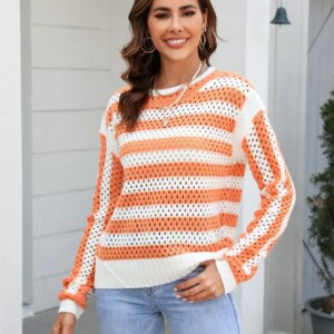 Maxct &Striped Openwork Round Neck Sweater