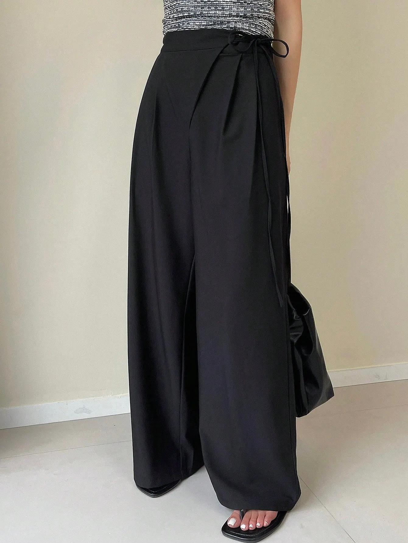 Maxct Solid Color Asymmetric Thin Strap Wide Leg Pants Women's Suit Trousers