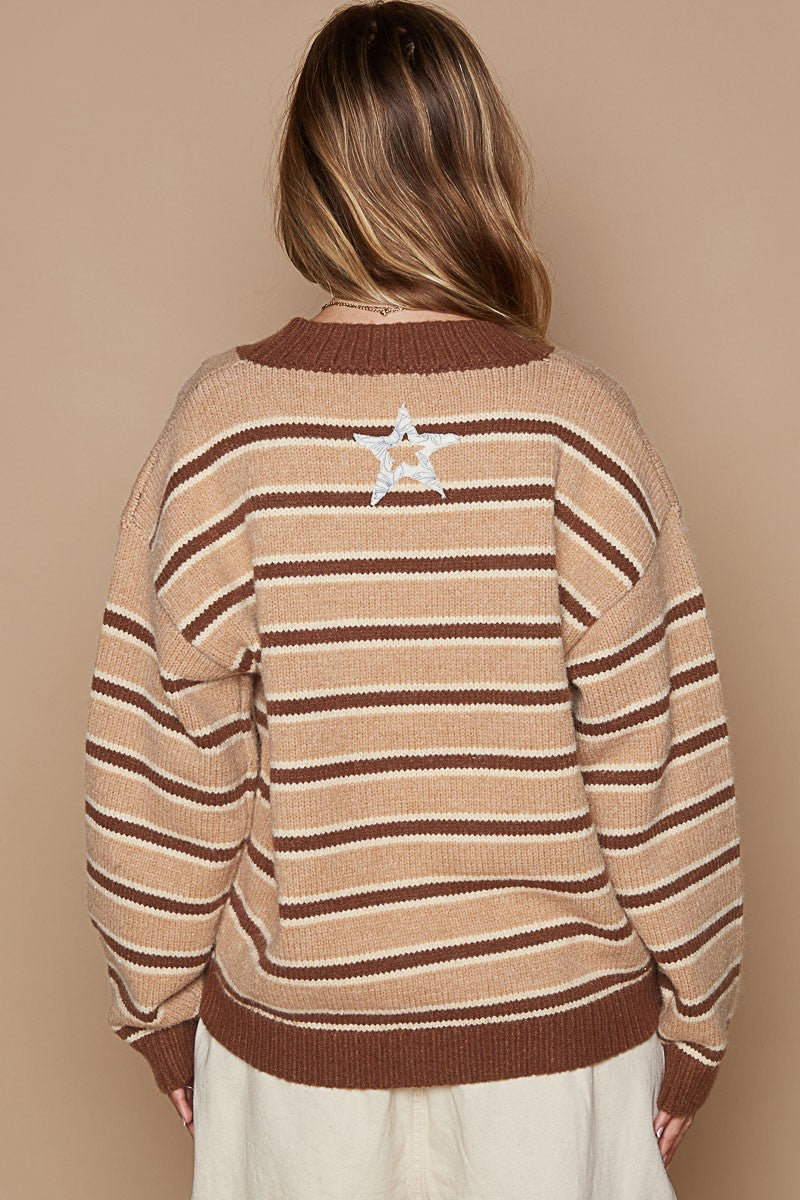 Maxct &POL Star Patch Stripe Round Neck Sweater