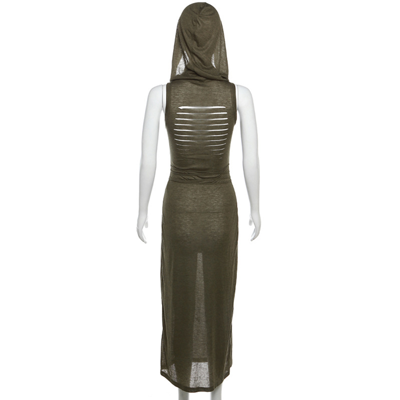 Wasteland Punk Dress y2k Solid Color Sleeveless Hollow Out Back Side Slit Hooded Dress 2000s Grunge Party Dresses
