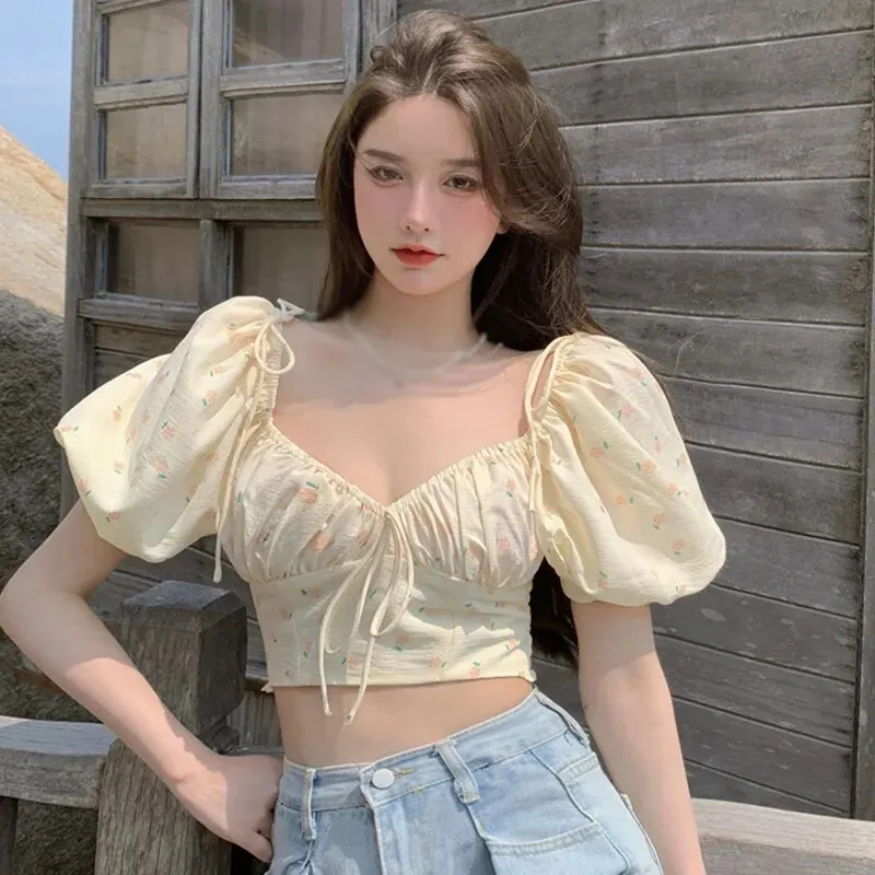Maxct Sweet Floral Shirt Women French Vintage Square Collar Puff Sleeve Folds Elastic Slim-Fit Crop Top Chic