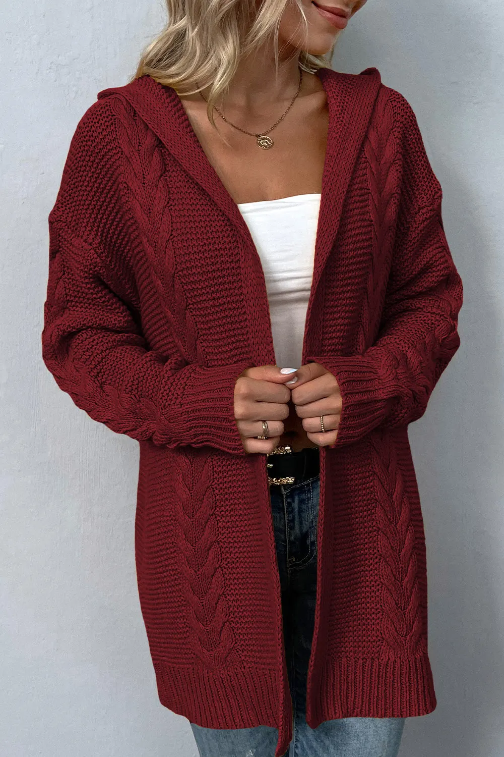 Maxct &Cable-Knit Dropped Shoulder Hooded Cardigan