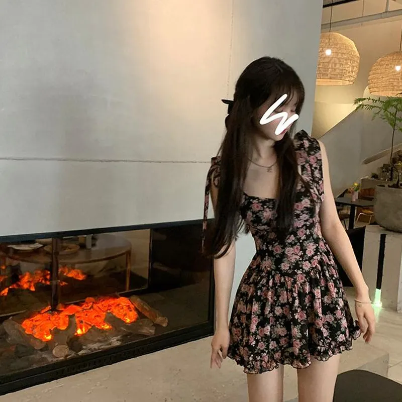Maxct Women Sleeveless Dresses Floral Above Knee Sweet Hot Trendy Slim Sexy Ruffles Kawaii Elegant Temperament Mujer Retro Bow Teens