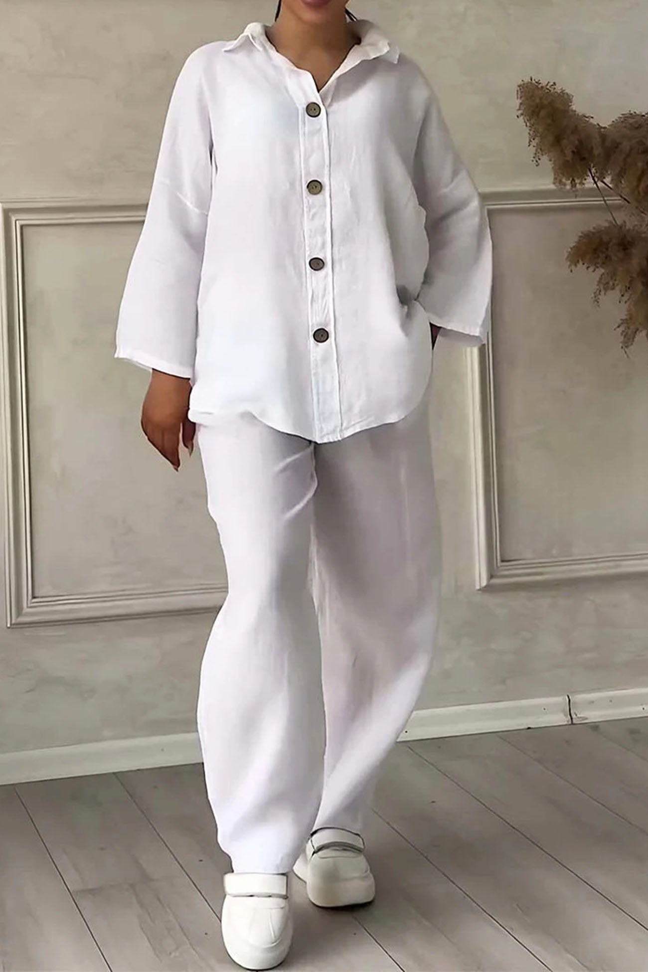 Maxct Solid Color Lapel Button Down Wide Leg Pants Set