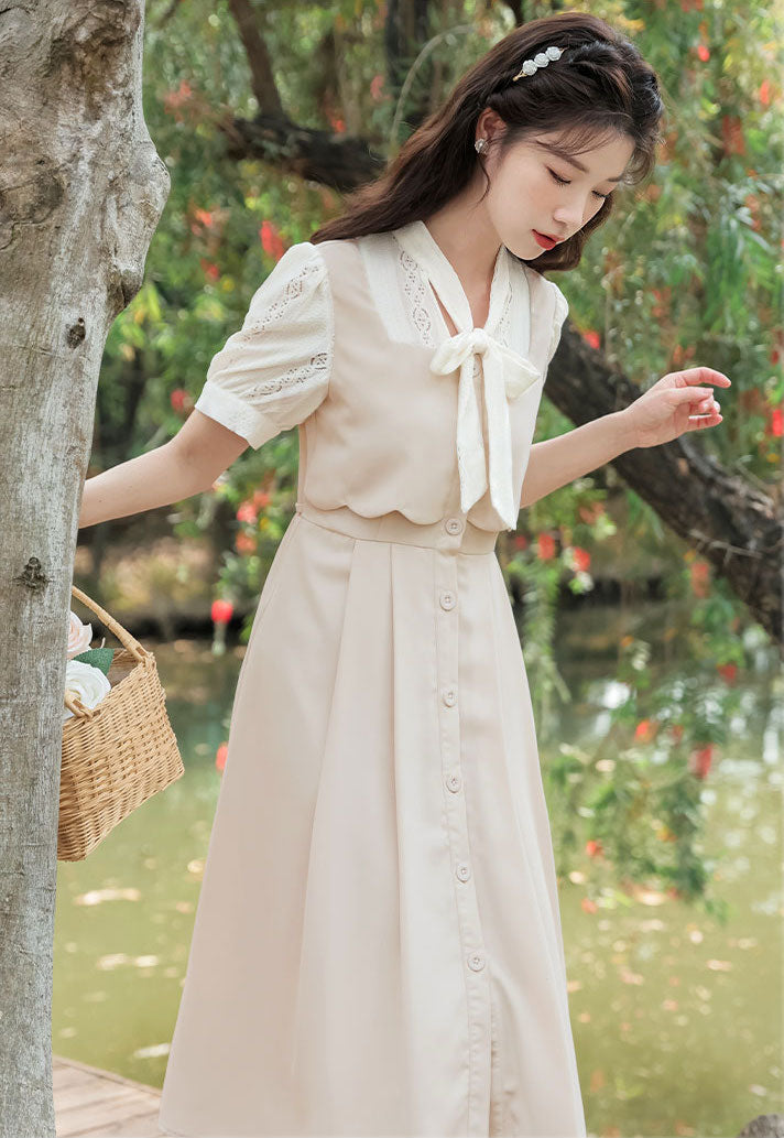 Button Up Tie Neck Twofer Midi Dress Maxct