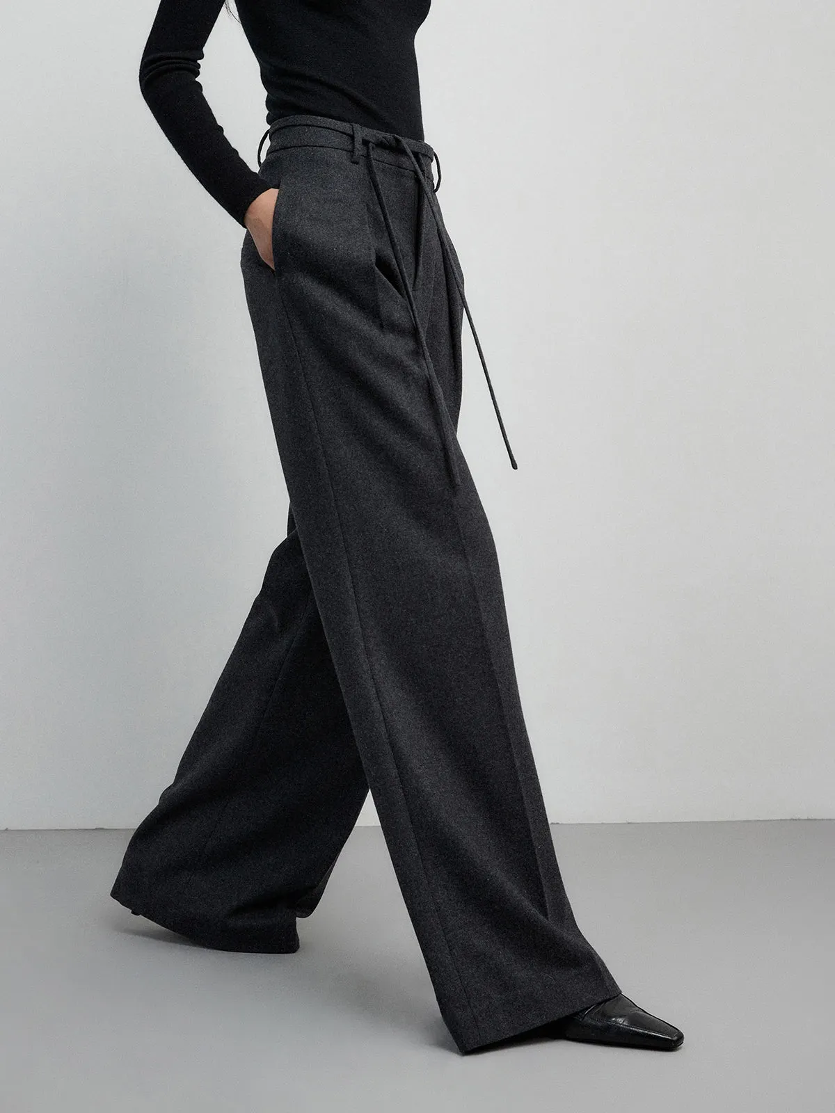 Maxct Solid Mid Waist Pocket Pants with Matching Tie