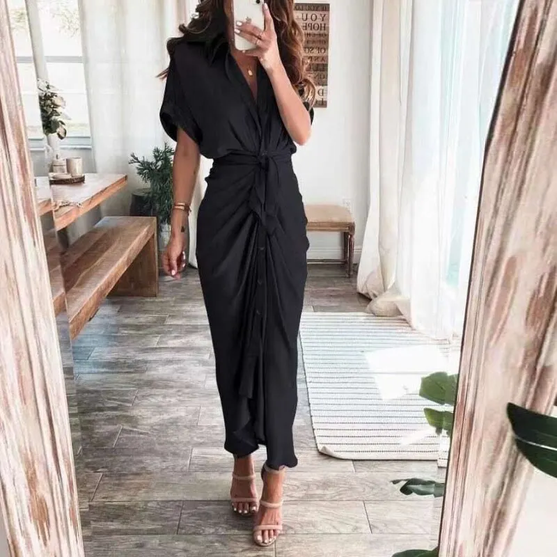 Maxct Short Sleeve Spring Dresses Fashion Summer Turn-down Collar Women Party Dress Elegant Button Office Lady Shirt Dress