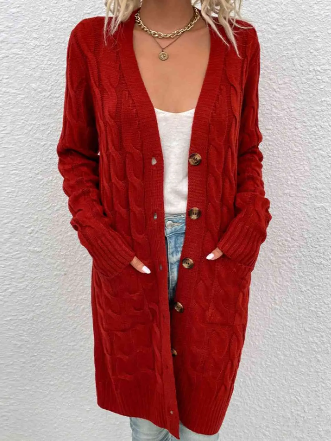 Maxct &Cable-Knit Button Down Cardigan with Pockets