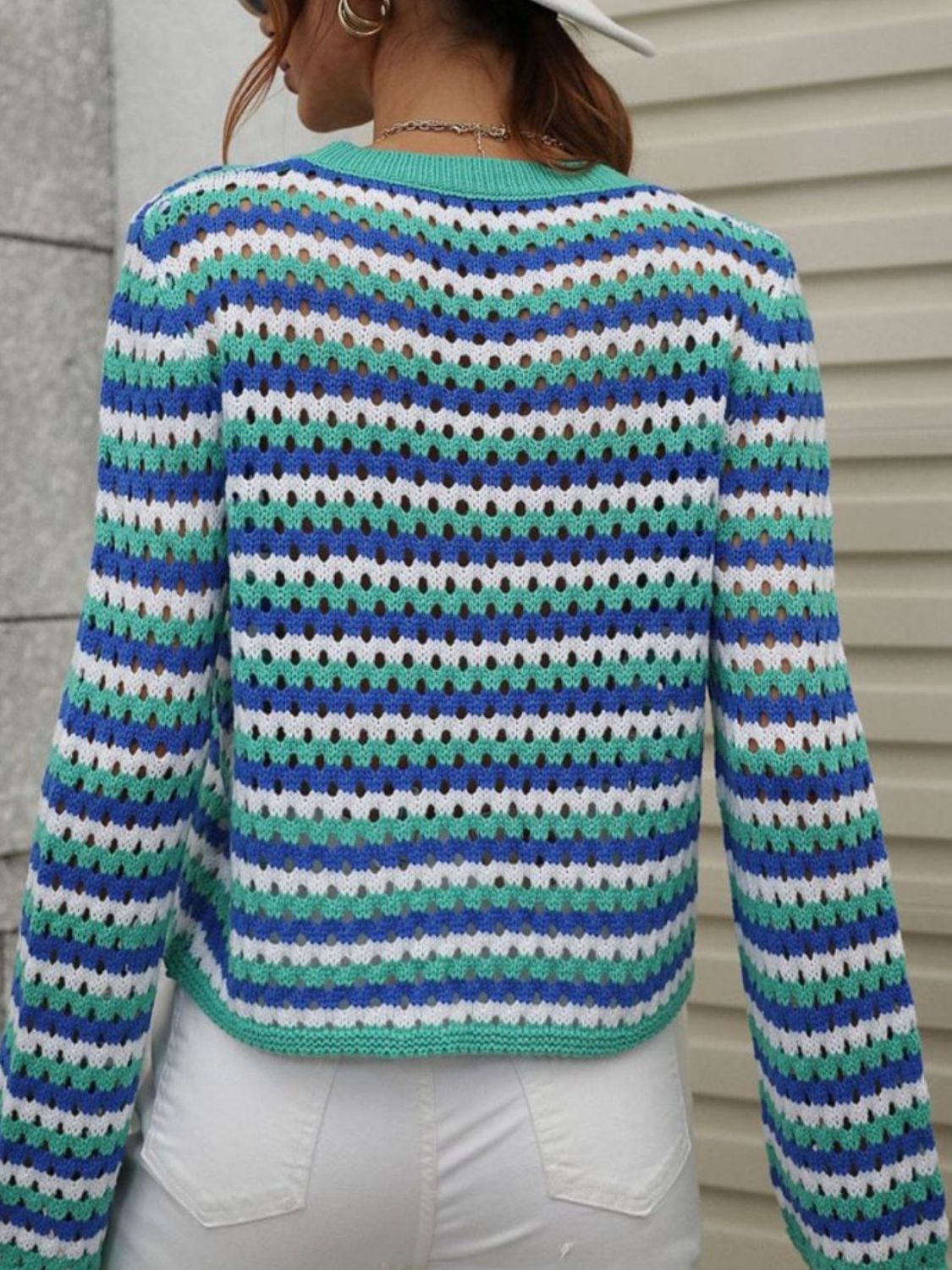 Maxct &Striped Openwork Long-Sleeve Knit Pullover