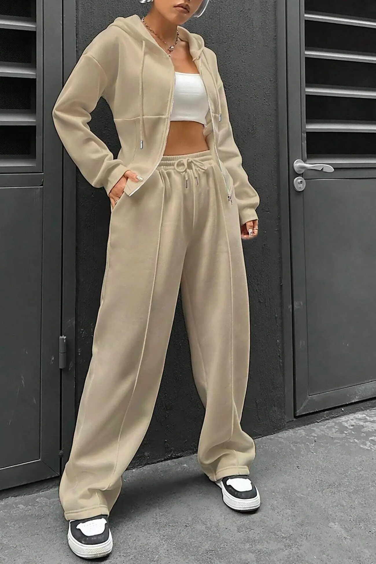 Maxct Solid Slim Fit Hoodie Pants Suits