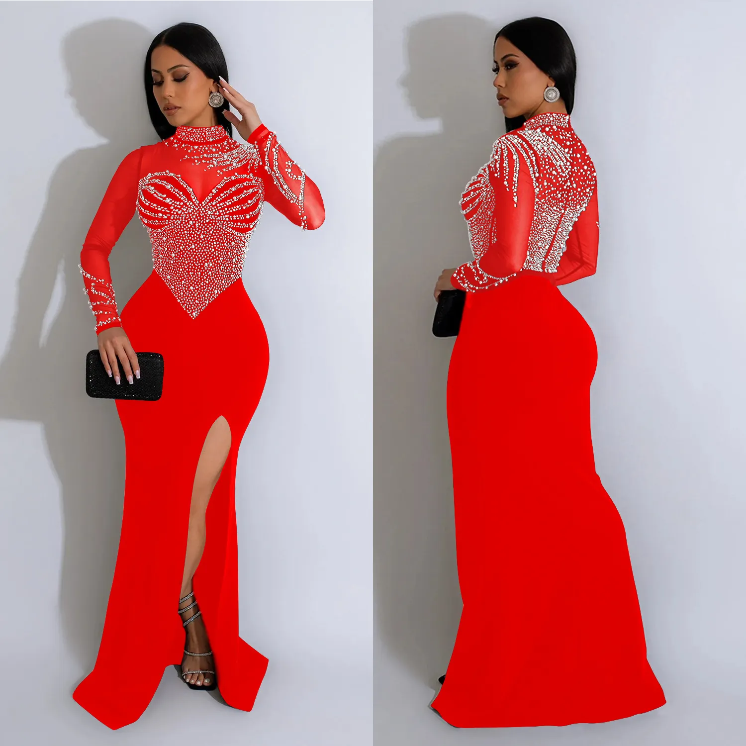 Maxct Maxct Fashion Women's Solid Color Net Gauze Hot Diamond Slit Long Skirt Dress