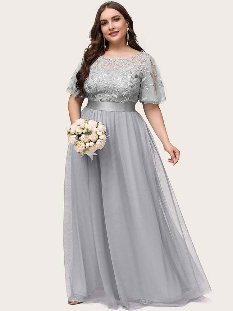 Leaf Sequin Bodice Mesh Party Dress Maxct
