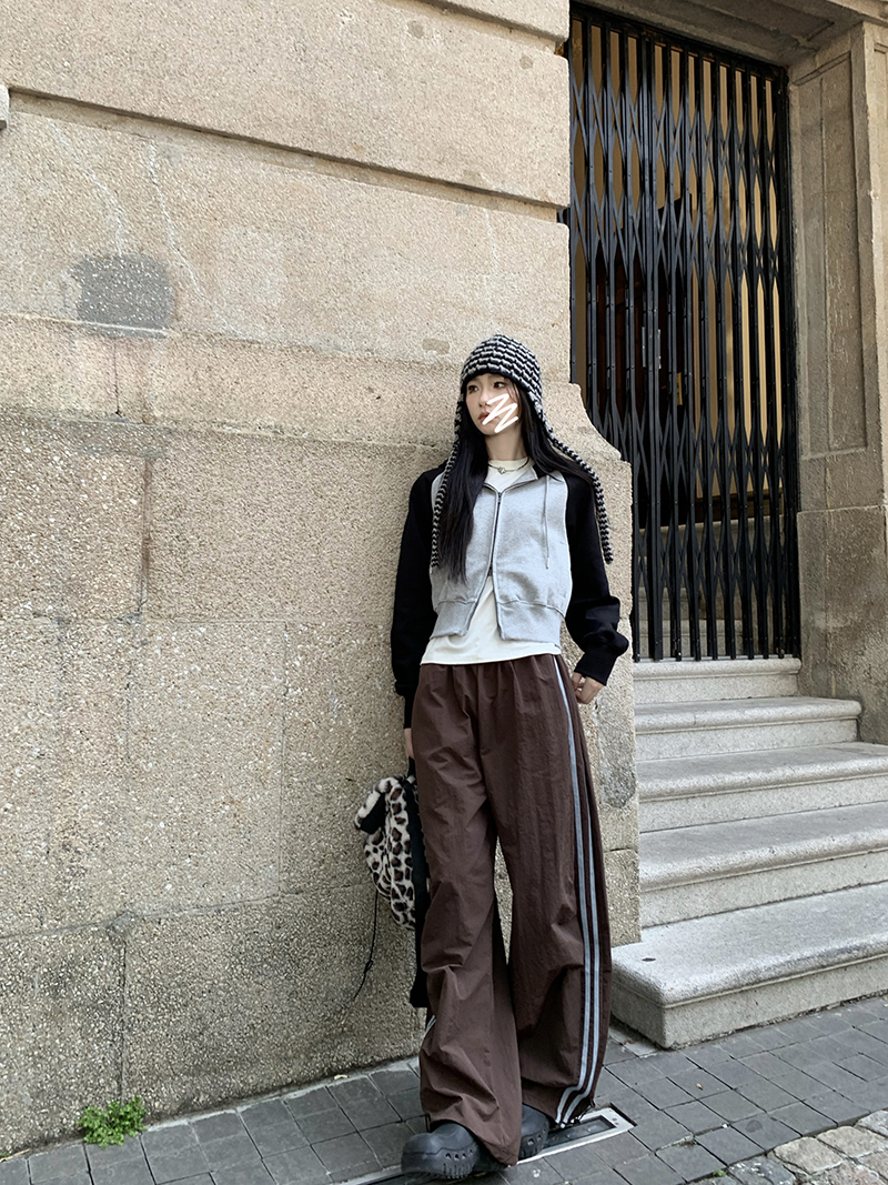 Grey Cropped Hoodies Zip Up Long Sleeve Sweatshirt Cardigan Oversized Autumn Fashion Wide Leg Track Pants Two Piece Sets
