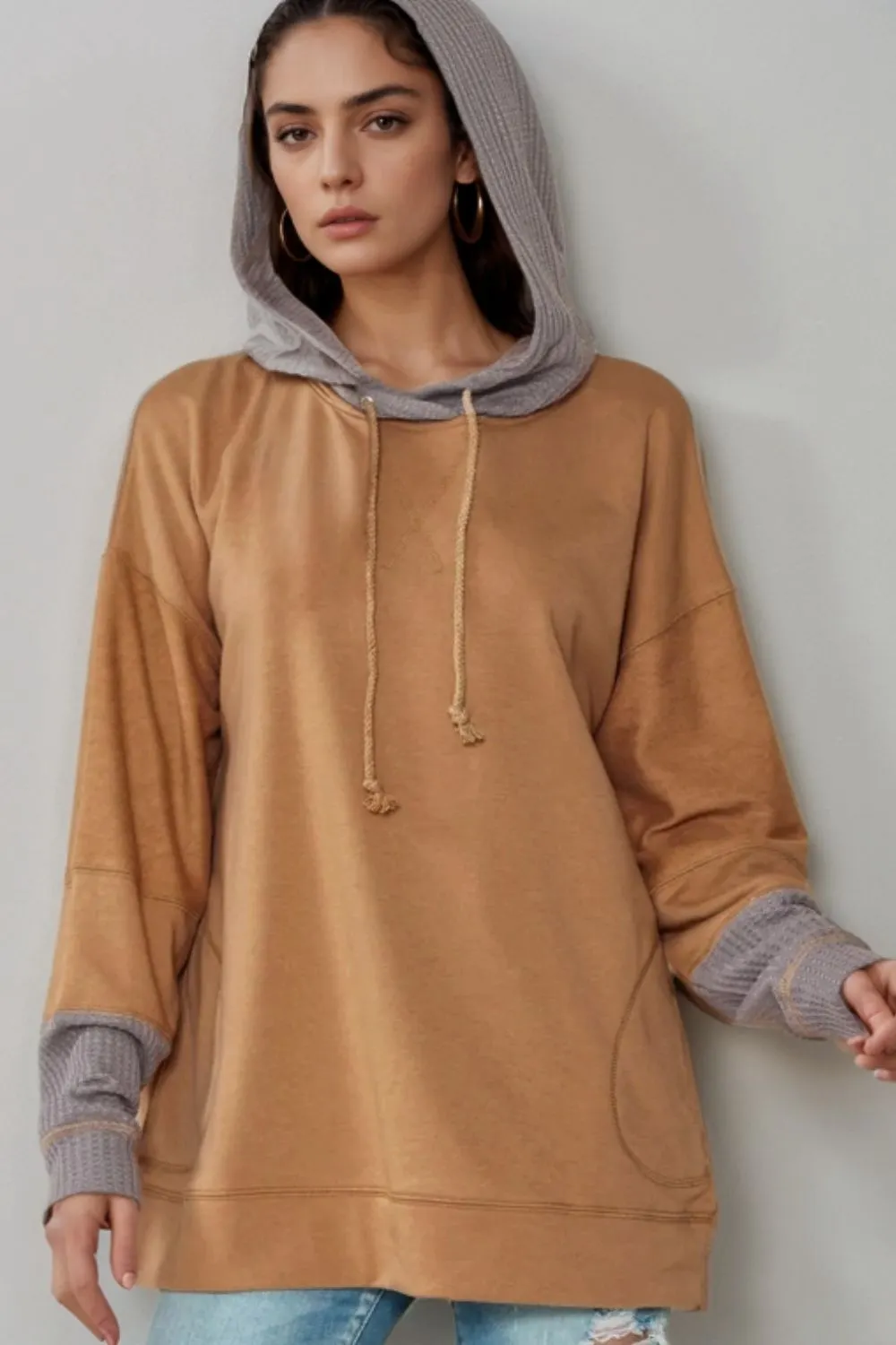 Maxct &Drawstring Contrast Long Sleeve Hoodie