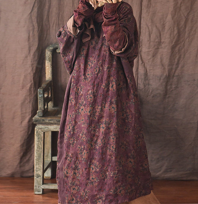 Vintage Distressed Floral Printed Mid-Length Linen Dress