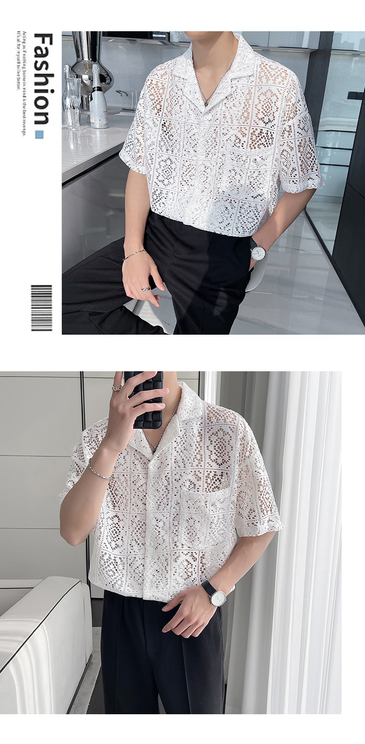 Summer New Casual Hollow Out Shirts Men Sexy See Through Breathable Shirt For Mens Fashion Solid Color Lapel Buttoned Cardigans
