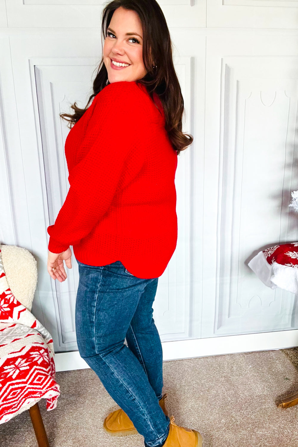 Maxct &All Present Christmas Red Waffle Knit Hi-Low Sweater