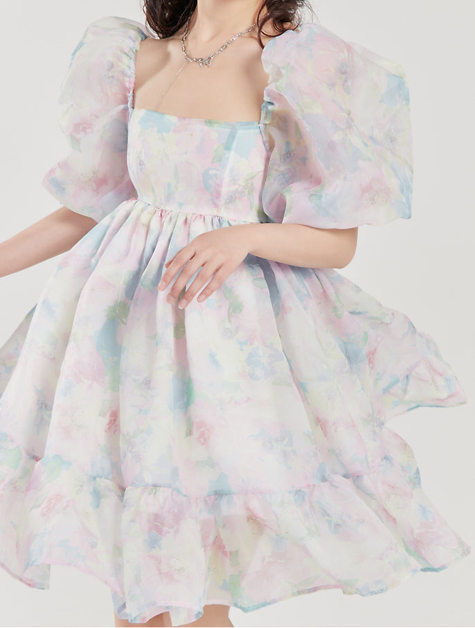 Watercolor Floral Puff Dress Maxct